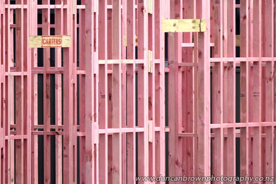 Carpentry: It's a man's domain - Pink timber framing on a house being built in Napier Rd, Havelock North photograph