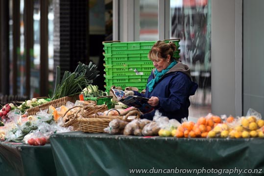 Lesley Stewart, fruit and vege seller in the Hastings Mall photograph