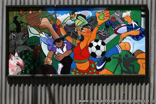 Community art in Bay View, part of a six-panel mural by Jil of Aotearoa (Jil Sergent) and Ruby Moon Dog. photograph